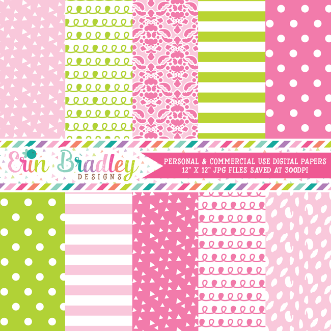 Lovely Pinks and Green Digital Paper Pack