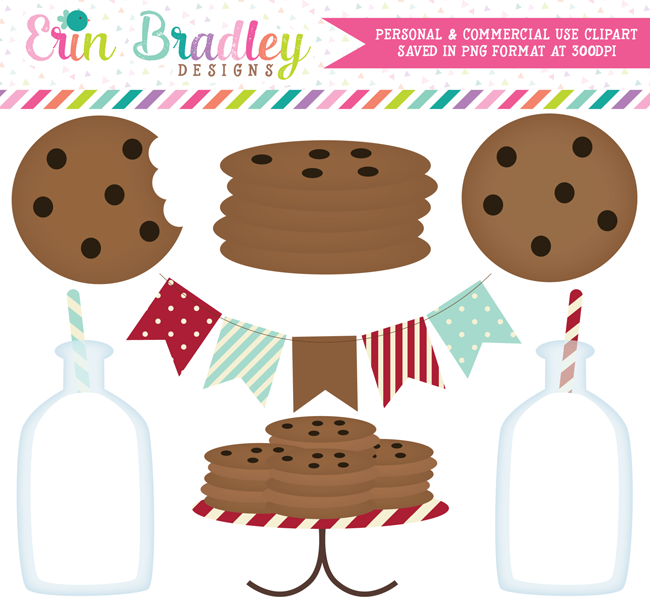 Milk and Cookies Clipart in Red and Aqua Blue