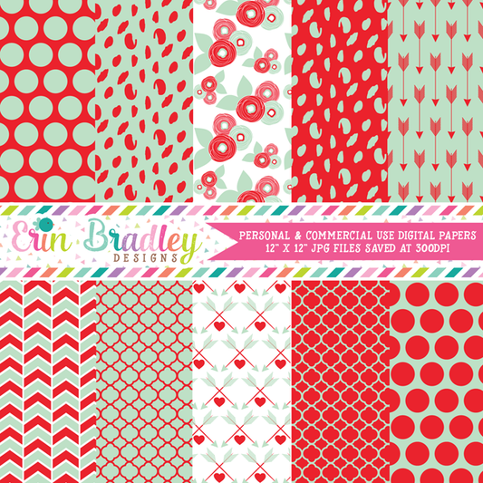 Mint and Red Valentines Day Digital Papers