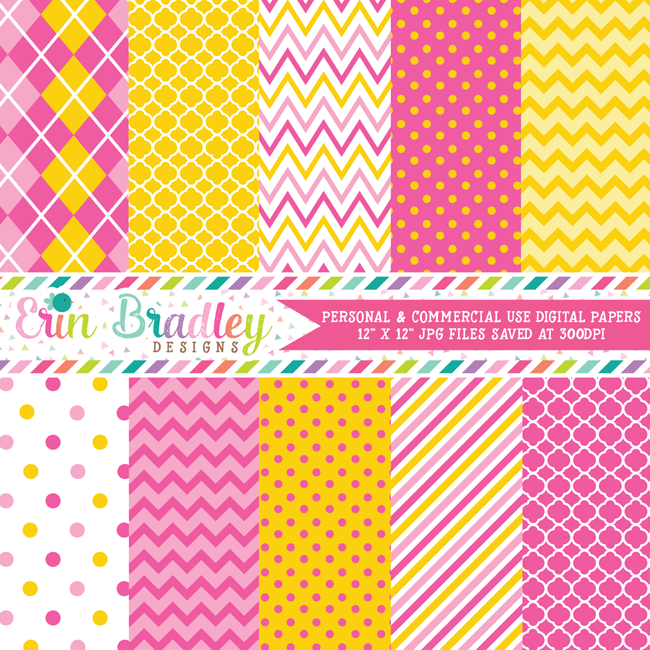Monkey Girl Yellow and Pink Digital Paper Pack