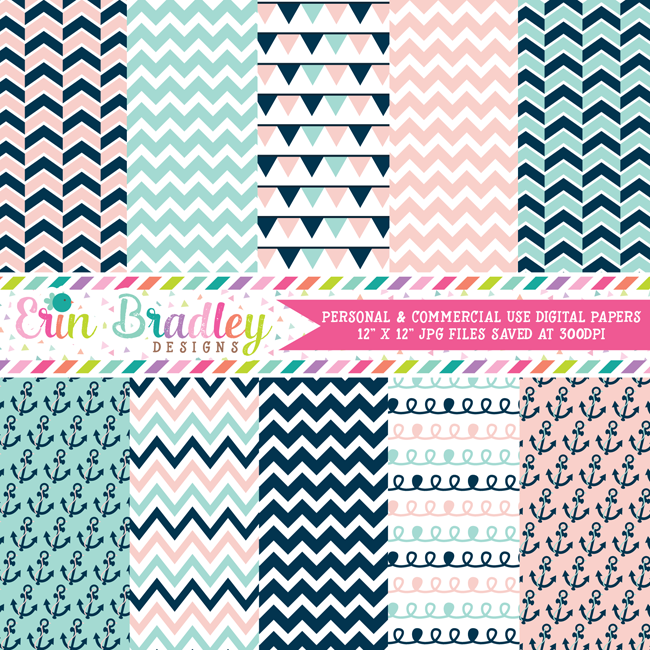 Nautical Pink and Blue Digital Papers