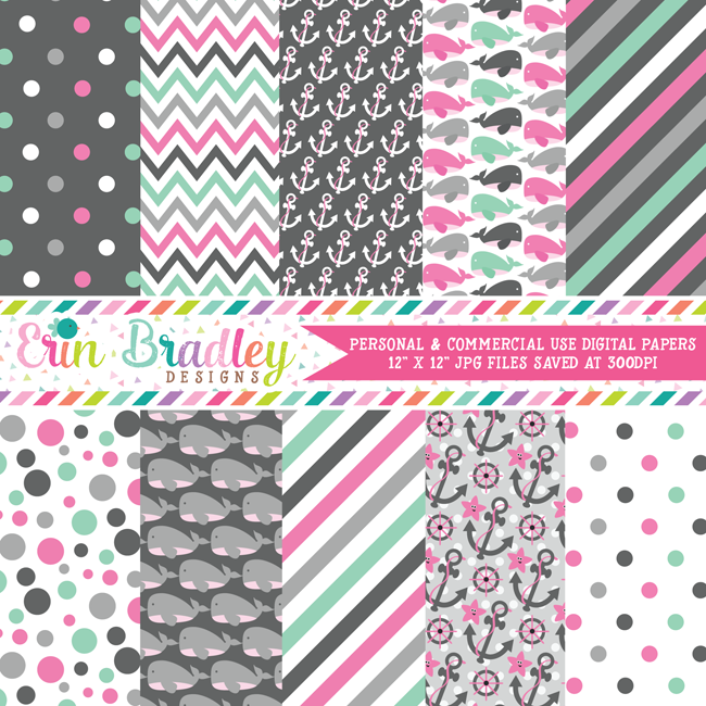 Nautical Pink Whales Digital Paper Pack