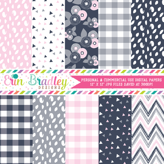 Navy Pink and Gray Digital Paper Pack