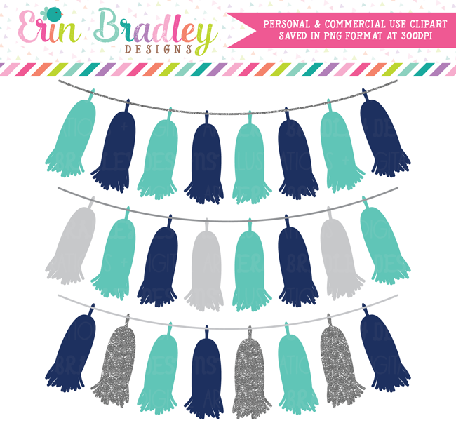 Tassel Bunting Clipart Navy Blue Turquoise Silver Glitter Garland