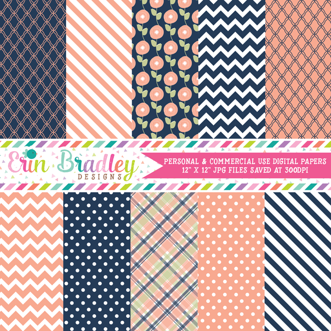 Peach and Navy Blue Digital Paper Pack
