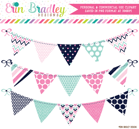 Commercial Use Bunting Clipart Pink Navy Aqua Blue