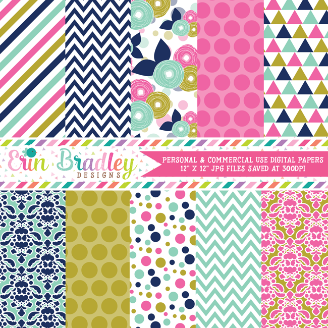 Pink Blue and Gold Digital Paper Pack