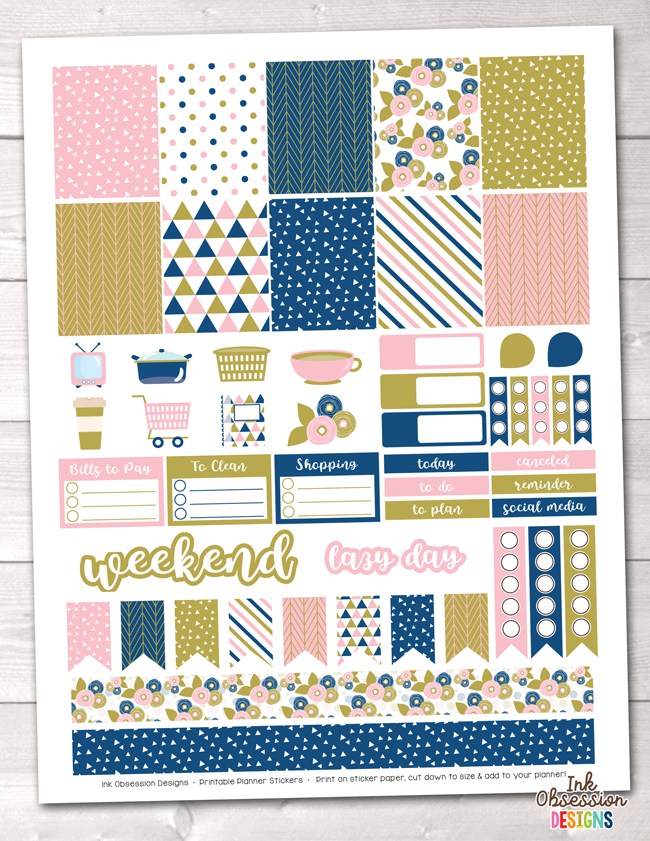 Pink Gold Blue Printable Planner Stickers Weekly Kit
