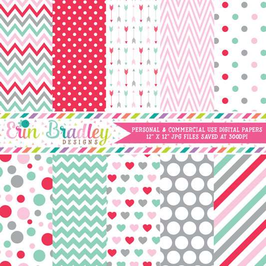 Aqua Blue Pink Red Gray Valentines Day Digital Papers