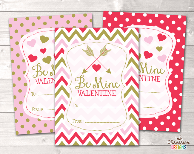 Pink Red and Gold Be Mine Printable Valentines Day Cards