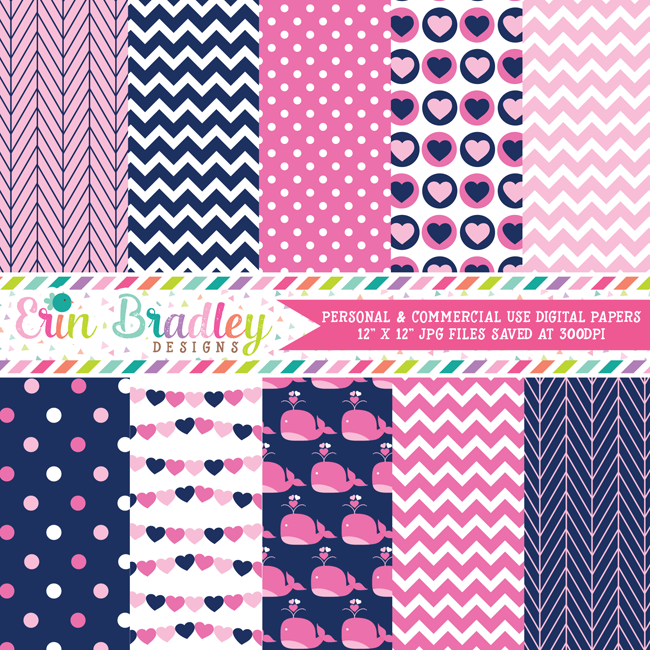 Pink Whales Nautical Digital Paper Pack
