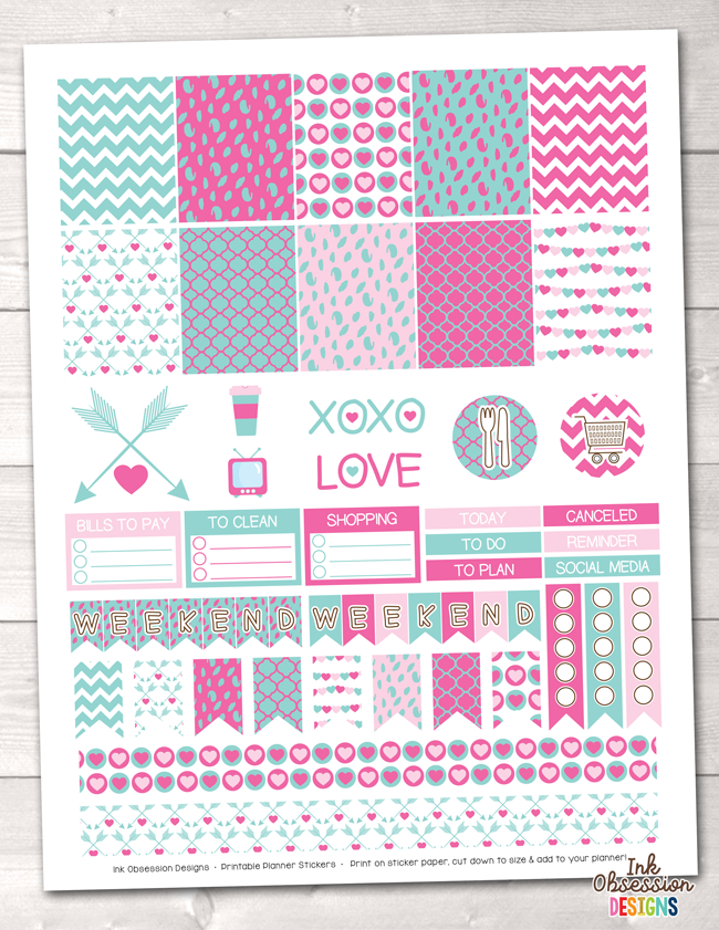 Valentines Day Pink and Blue Printable Planner Stickers Weekly Kit