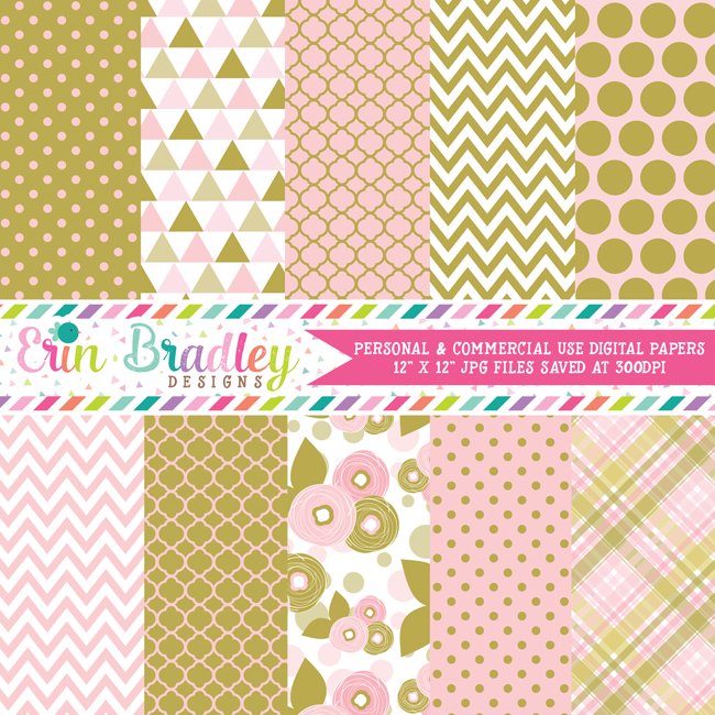 Pink and Gold Floral Digital Paper Pack