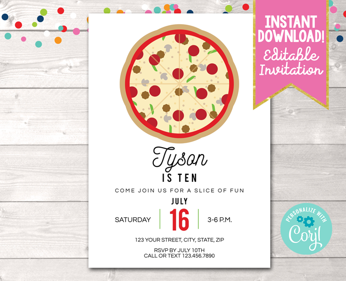 Editable Pizza Party Simple Birthday Party Invitation Instant Download Printable Digital File