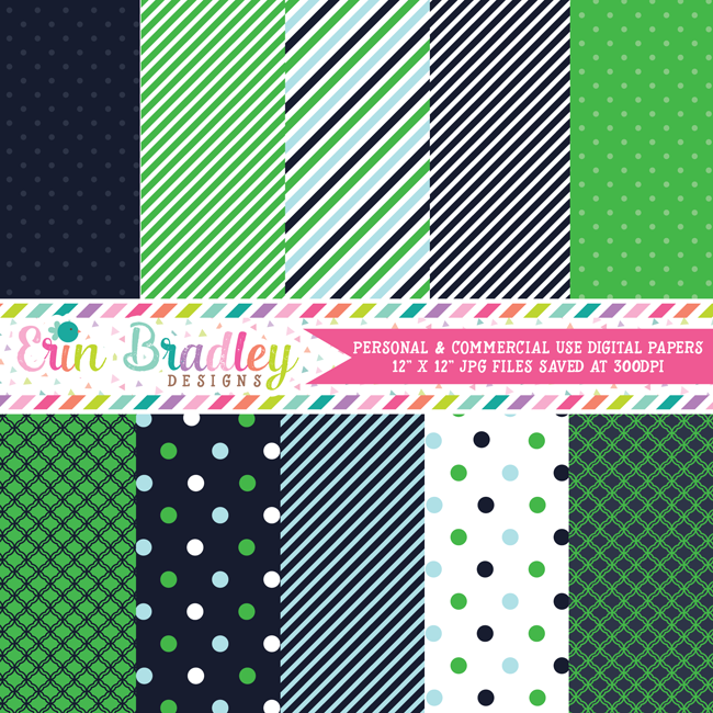 Preppy Navy Blue and Green Digital Papers