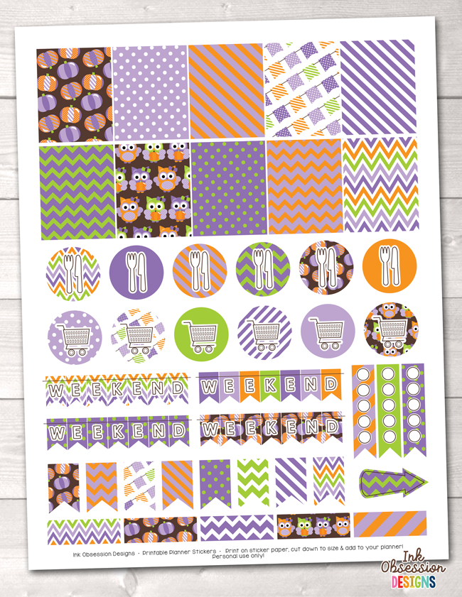Pumpkin Owls Purple Printable Planner Stickers Instant Download PDF
