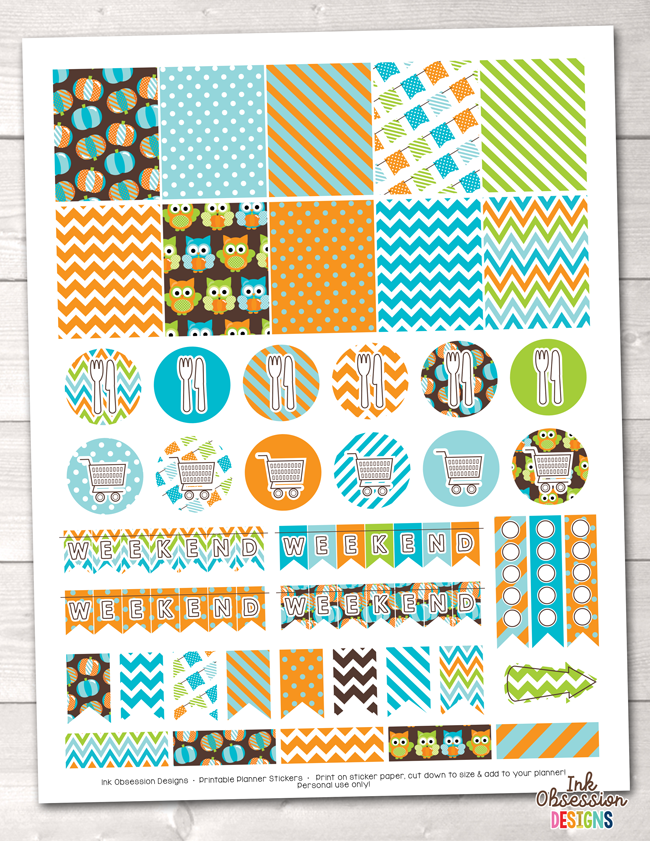 Pumpkin Owls Blue Printable Planner Stickers Weekly Kit