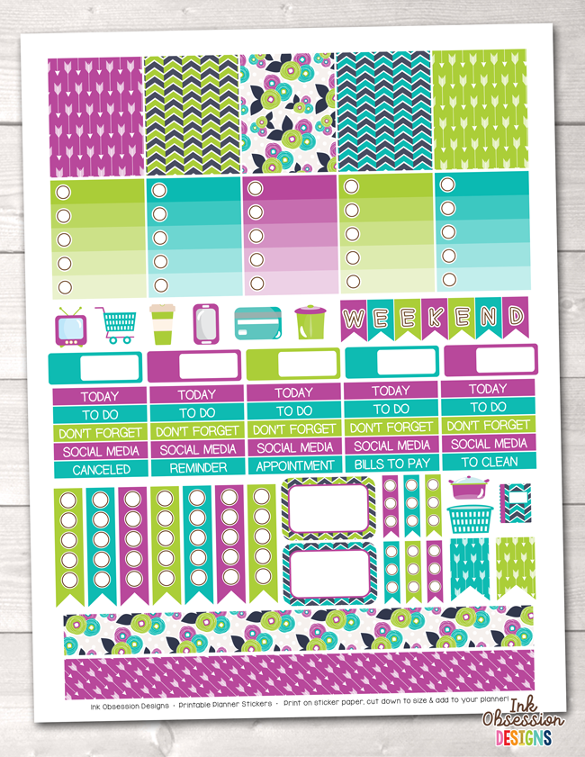 Purple Blue Green Printable Planner Stickers Weekly Kit