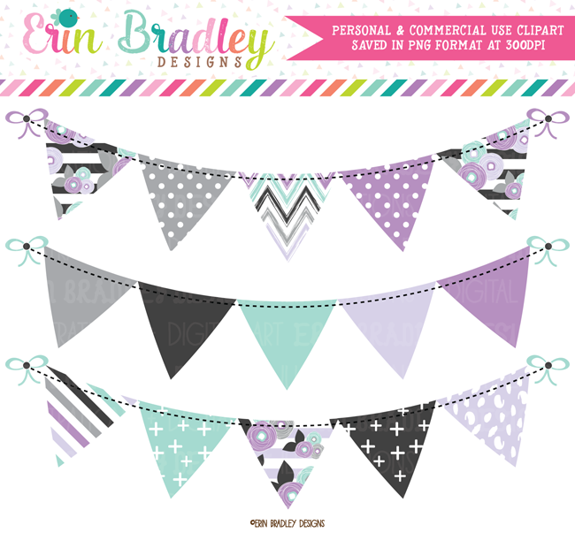 Purple Florals Bunting Banner Flag Clipart