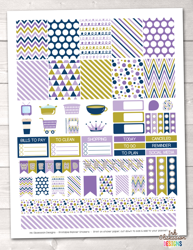 Purple Gold Navy Blue Printable Planner Stickers Weekly Kit