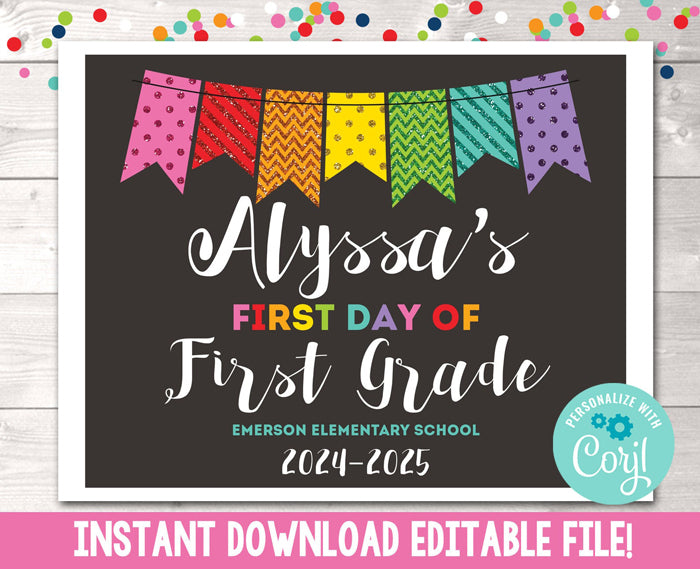 Editable First Day of School Sign Rainbow Glitter Banner Instant Download