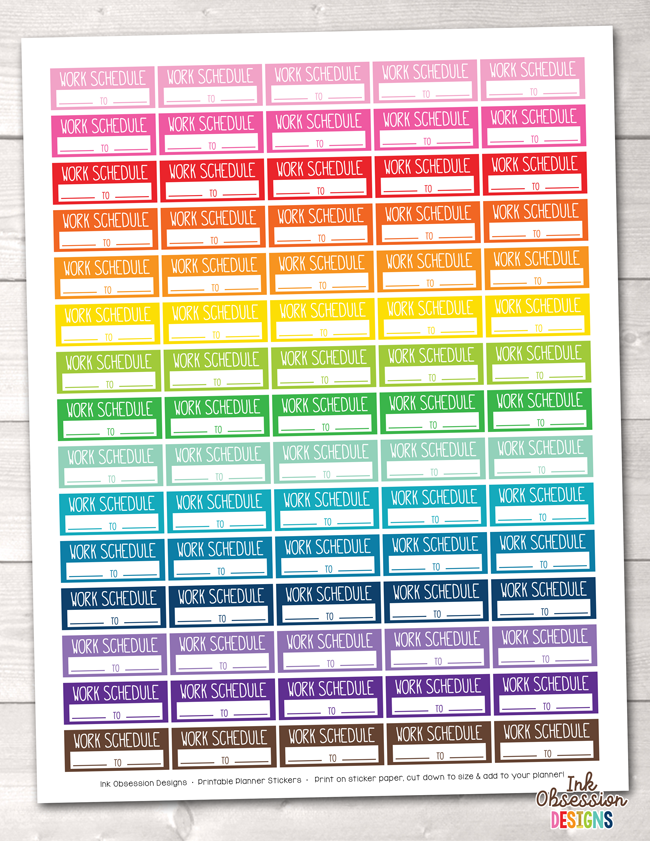 Rectangle Work Schedule Printable Planner Stickers Instant Download PDF
