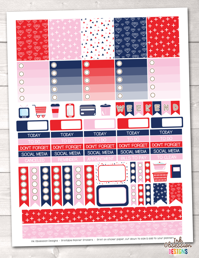 Navy Blue Red Pink Printable Planner Stickers Weekly Kit
