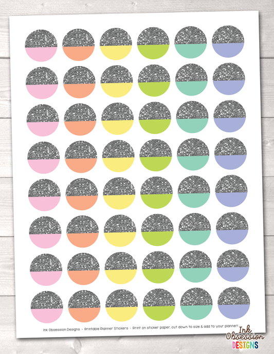 Silver Glitter Circles Printable Planner Stickers