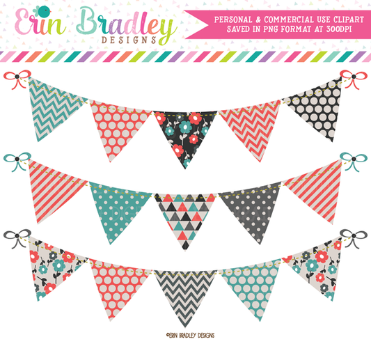 Teal Orange Red and Charcoal Bunting Clipart