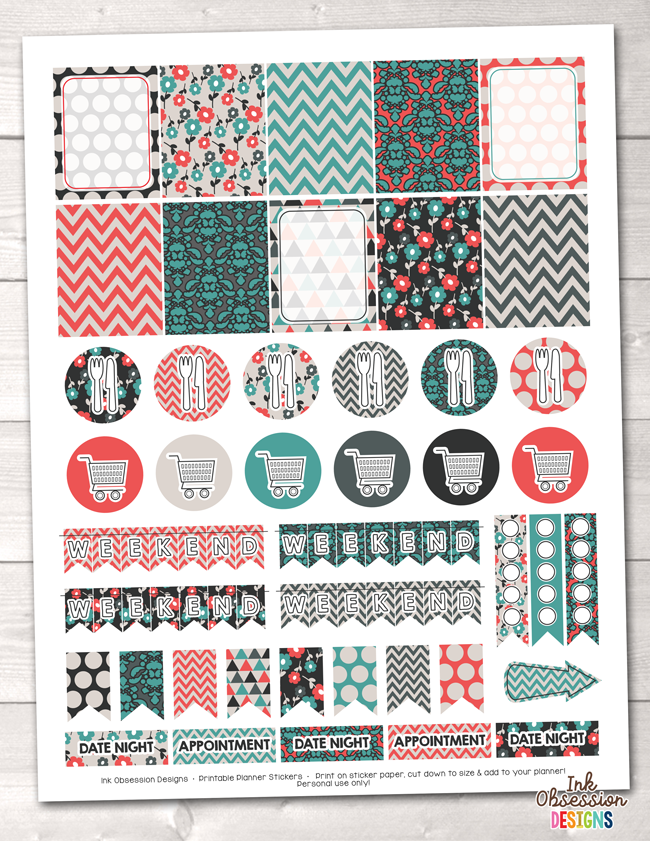 Teal Orange Red Printable Planner Stickers Weekly Kit