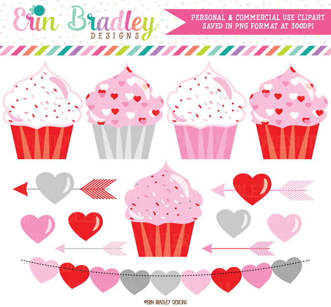 Valentines Day Cupcakes and Hearts Clipart