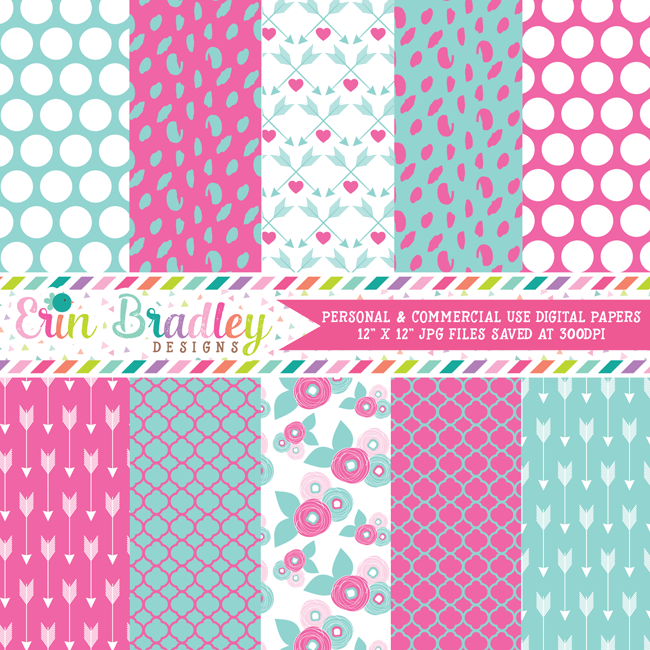 Pink and Blue Valentines Day Digital Papers