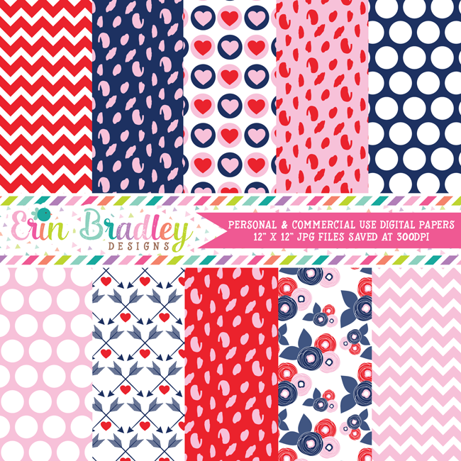 Red Blue Pink Valentines Day Digital Paper Pack