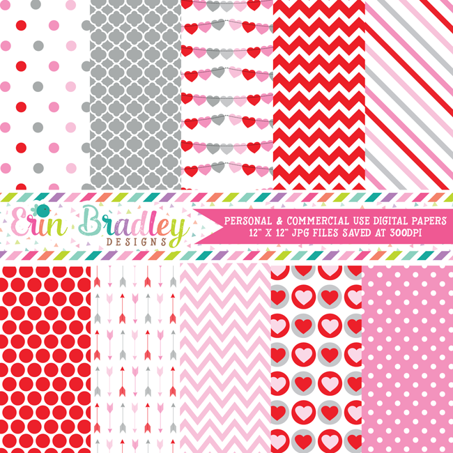 Valentines Day Red Pink and Gray Digital Paper Pack