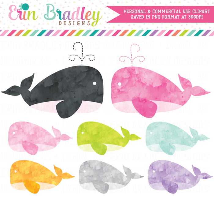Watercolor Girl Whales Clipart