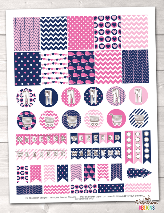 Pink Whales Printable Planner Stickers Weekly Kit PDF