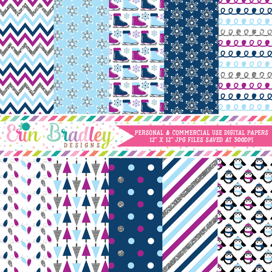 Winter Blues Digital Paper Pack with Silver Glitter