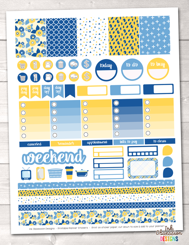 Yellow and Blues Printable Planner Stickers Weekly Kit